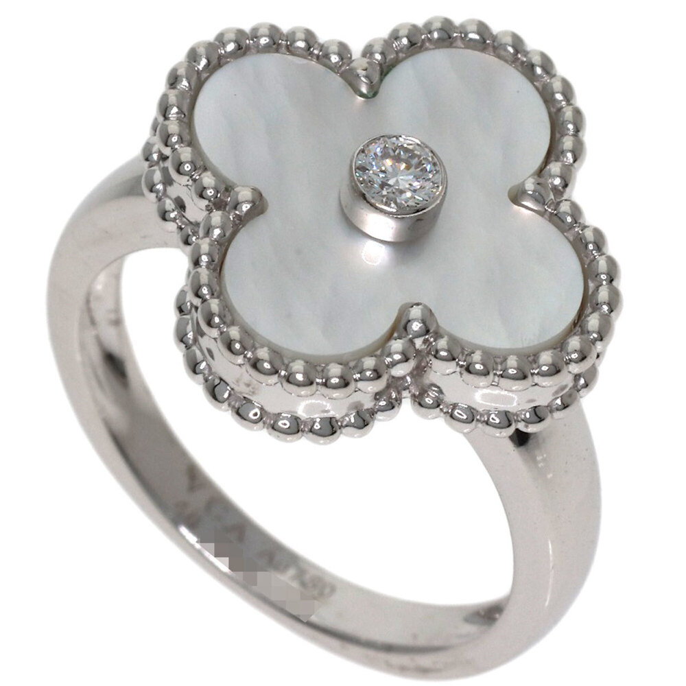 Van Cleef & Arpels Vintage Alhambra Shell Diamond Ring #48 18K White Gold Wom...